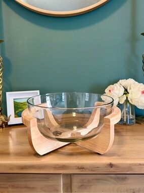 MCM Clear Glass Salad Bowl w Bentwood Holder Base Atomic Ranch Natural Color